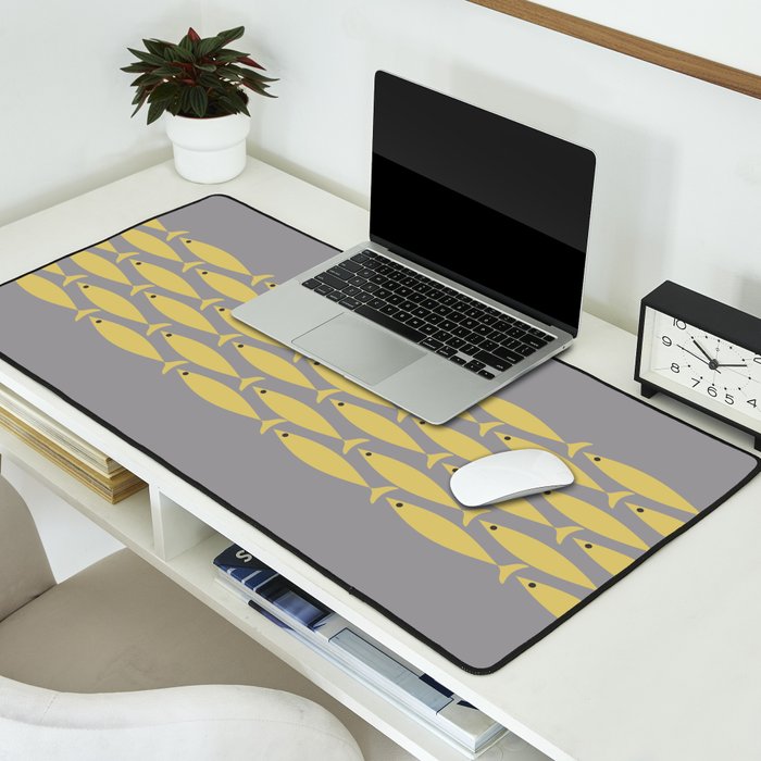Mid Century Modern Minimalist Fish Stripe Pattern in Retro Gray and Mustard Yellow Desk Mat Gallery Image 2