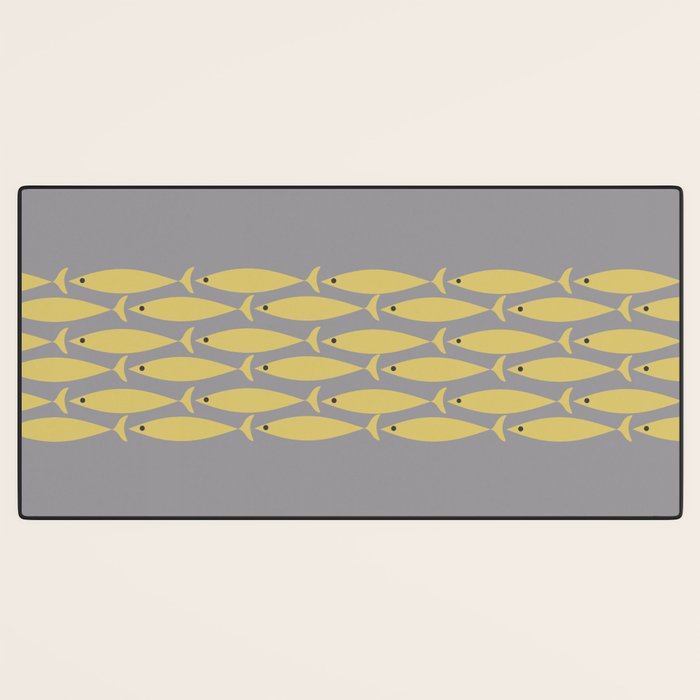 Mid Century Modern Minimalist Fish Stripe Pattern in Retro Gray and Mustard Yellow Desk Mat Gallery Image 3