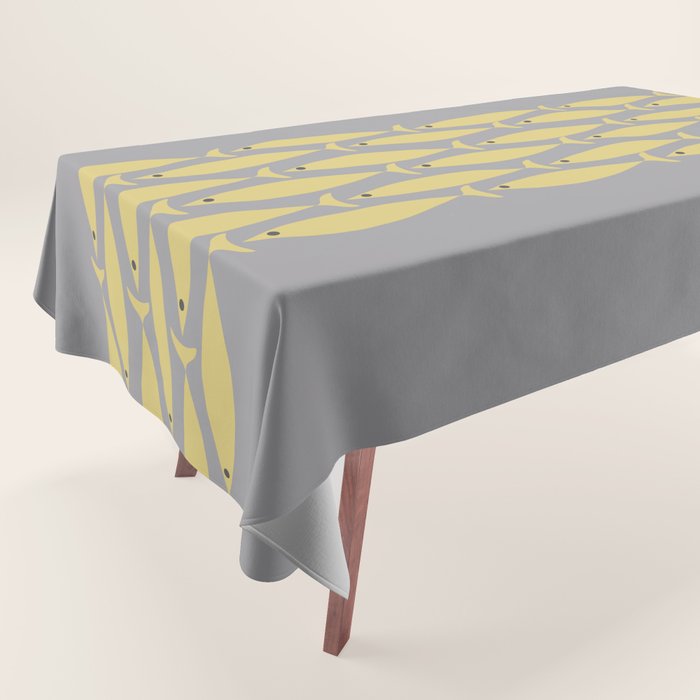 Mid Century Modern Minimalist Fish Stripe Pattern in Retro Gray and Mustard Yellow Tablecloth Gallery Image 1