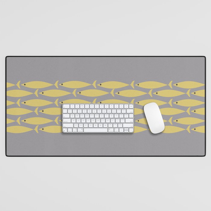 Mid Century Modern Minimalist Fish Stripe Pattern in Retro Gray and Mustard Yellow Desk Mat Gallery Image 1