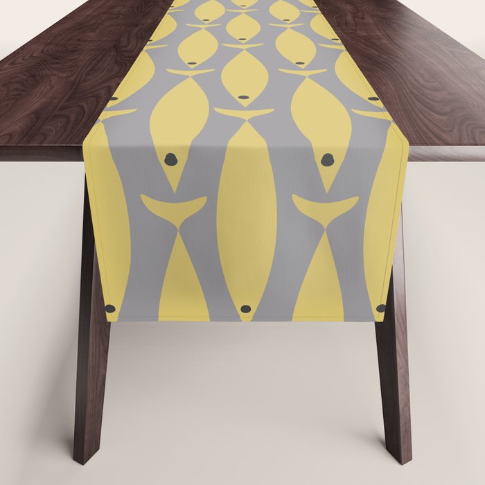 Mid Century Modern Minimalist Fish Stripe Pattern in Retro Gray and Mustard Yellow Table Runner Gallery Image 1