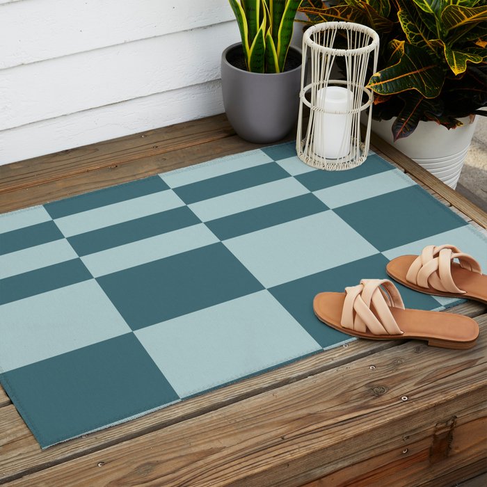 Checkered Multi Check Variable Checked Pattern in Teal Outdoor Rug Gallery Image 2