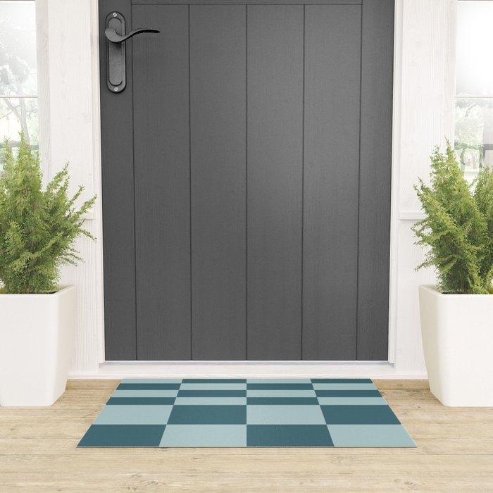 Checkered Multi Check Variable Checked Pattern in Teal Welcome Mat Gallery Image 3