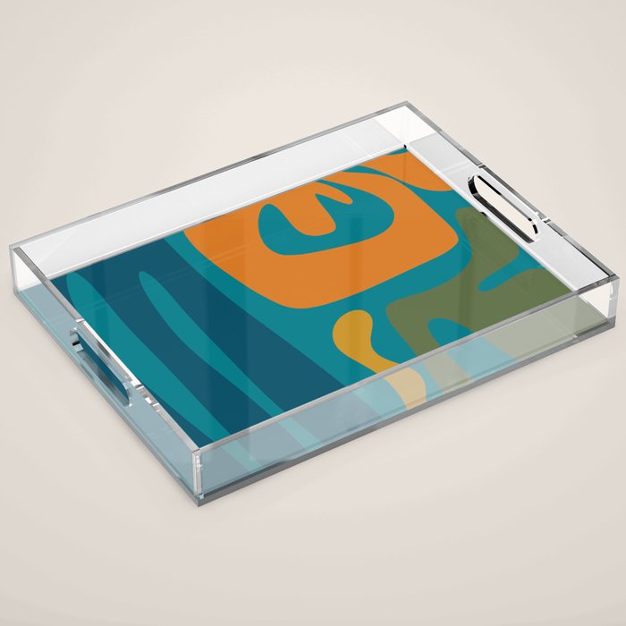 Mid Century Modern Abstract Kwaito Pattern in Moroccan Teal Orange Olive Acrylic Tray Gallery Image 1