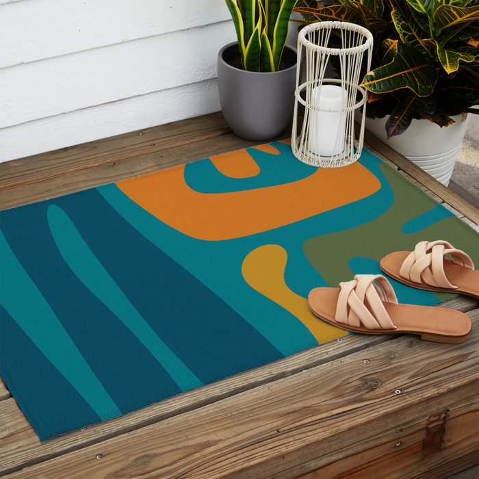 Mid Century Modern Abstract Kwaito Pattern in Moroccan Teal Orange Olive Outdoor Rug Gallery Image 2