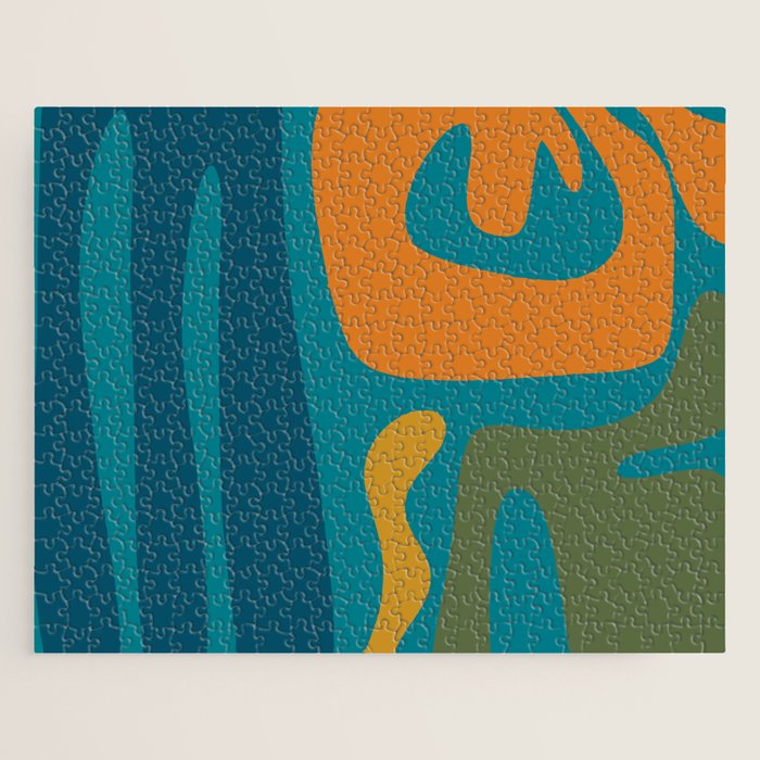 Mid Century Modern Abstract Kwaito Pattern in Moroccan Teal Orange Olive Jigsaw Puzzle Gallery Image 1