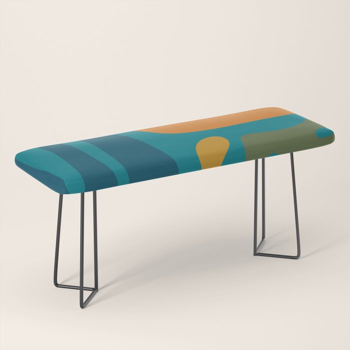 Mid Century Modern Abstract Kwaito Pattern in Moroccan Teal Orange Olive Bench Gallery Image 1