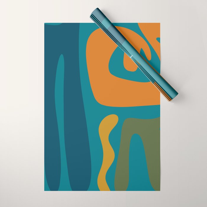Mid Century Modern Abstract Kwaito Pattern in Moroccan Teal Orange Olive Wrapping Paper Gallery Image 1