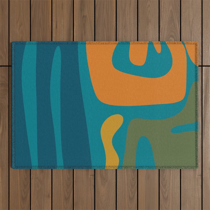Mid Century Modern Abstract Kwaito Pattern in Moroccan Teal Orange Olive Outdoor Rug Gallery Image 1