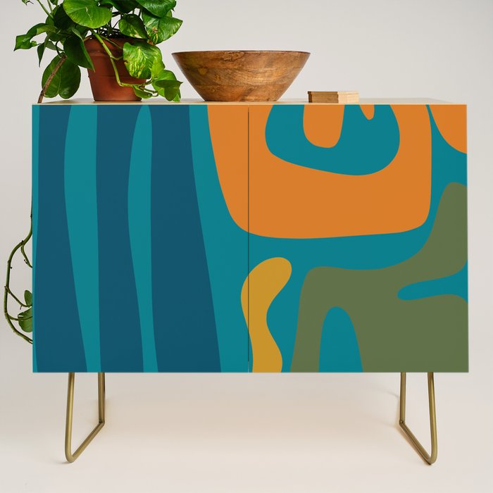 Mid Century Modern Abstract Kwaito Pattern in Moroccan Teal Orange Olive Credenza Gallery Image 1