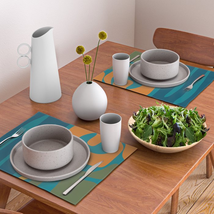 Mid Century Modern Abstract Kwaito Pattern in Moroccan Teal Orange Olive Placemat Gallery Image 2