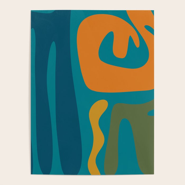 Mid Century Modern Abstract Kwaito Pattern in Moroccan Teal Orange Olive Poster Gallery Image 4