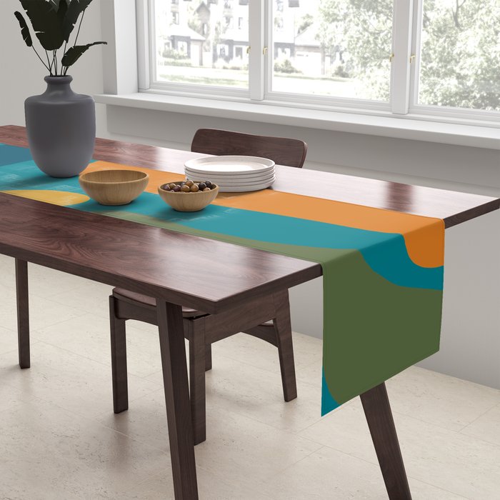 Mid Century Modern Abstract Kwaito Pattern in Moroccan Teal Orange Olive Table Runner Gallery Image 2