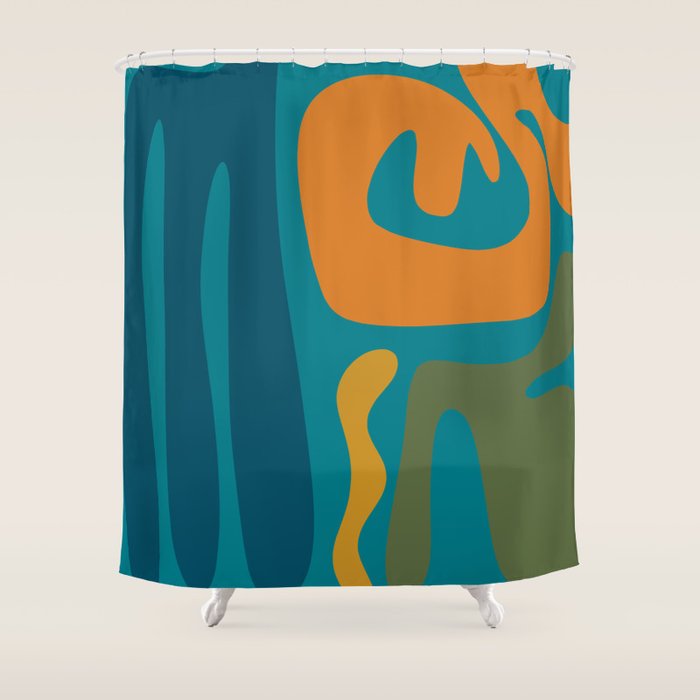 Mid Century Modern Abstract Kwaito Pattern in Moroccan Teal Orange Olive Shower Curtain Gallery Image 1