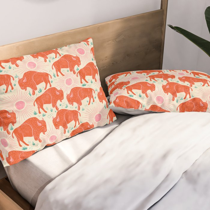 Bison - tomato red, pink, and teal, on cream Pillow Sham Gallery Image 2