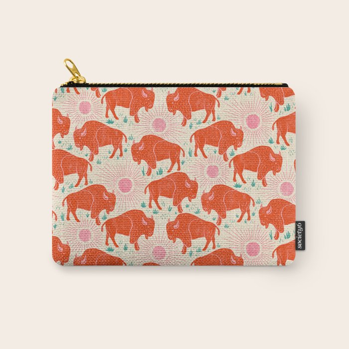 Bison - tomato red, pink, and teal, on cream Carry All Pouch Gallery Image 1