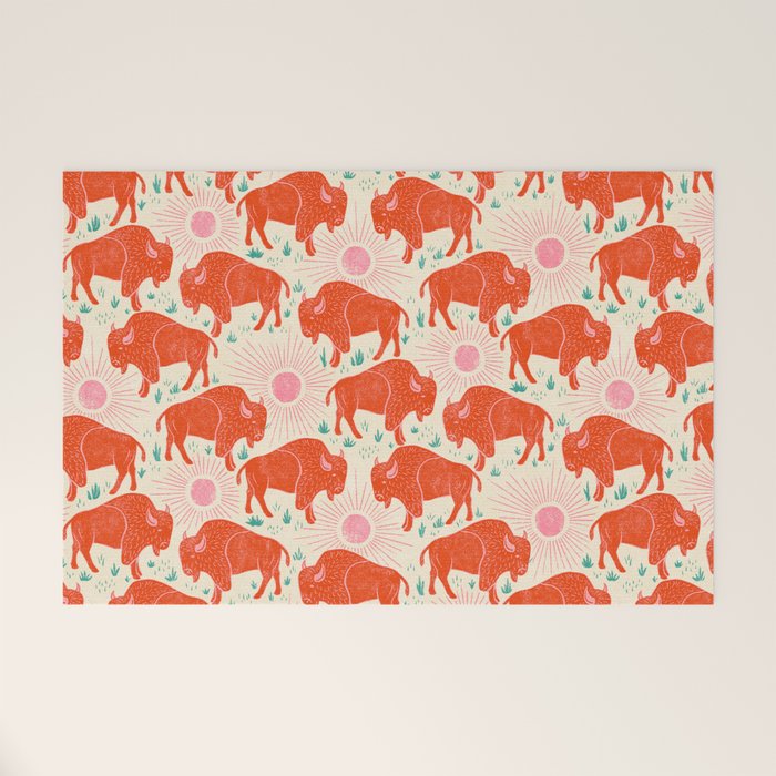Bison - tomato red, pink, and teal, on cream Welcome Mat Gallery Image 1