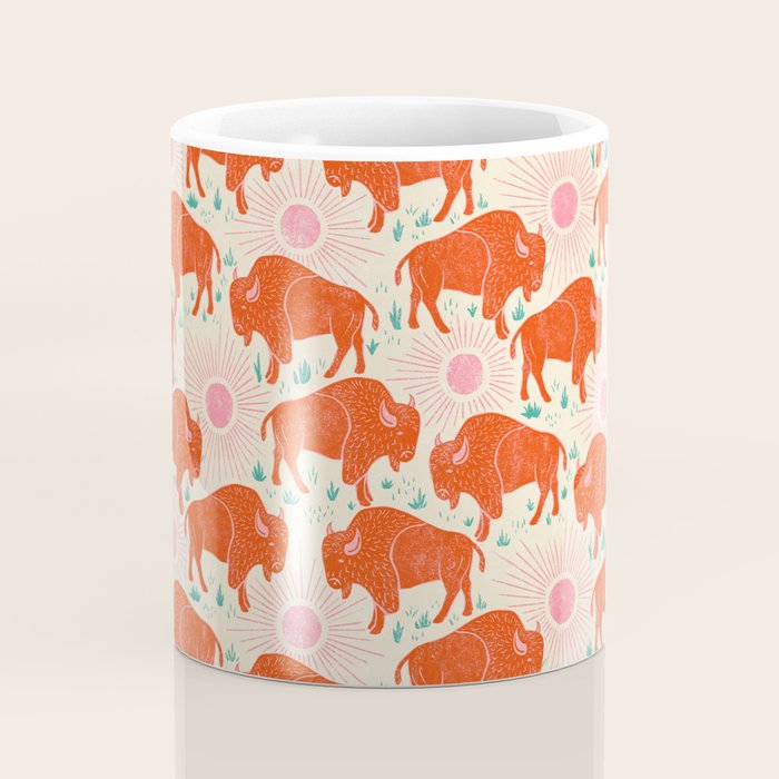 Bison - tomato red, pink, and teal, on cream Coffee Mug Gallery Image 4