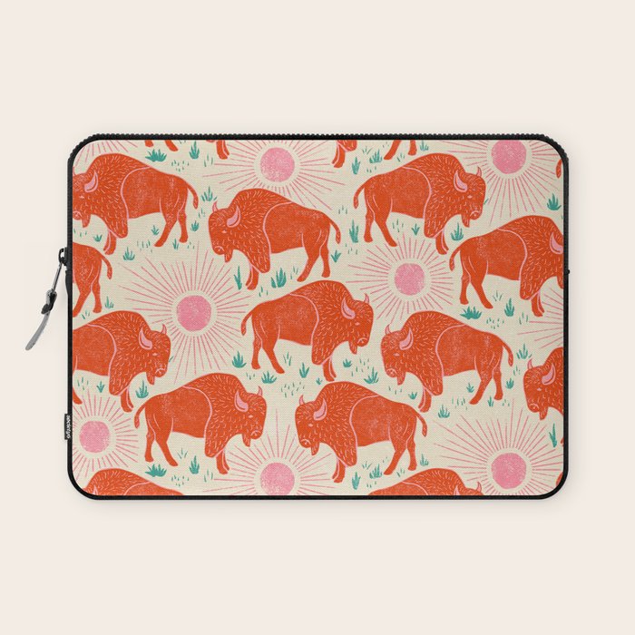 Bison - tomato red, pink, and teal, on cream Laptop Sleeve Gallery Image 1
