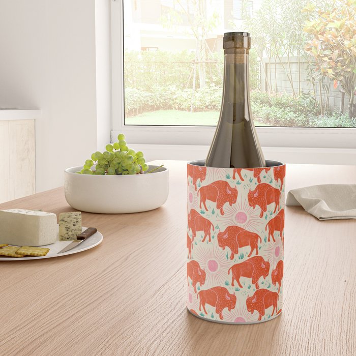 Bison - tomato red, pink, and teal, on cream Wine Chiller Gallery Image 4