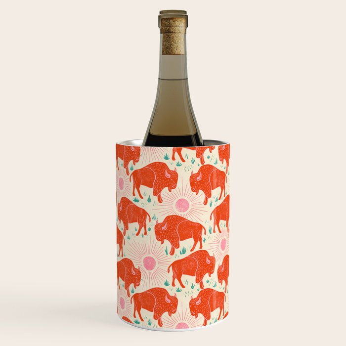 Bison - tomato red, pink, and teal, on cream Wine Chiller Gallery Image 1