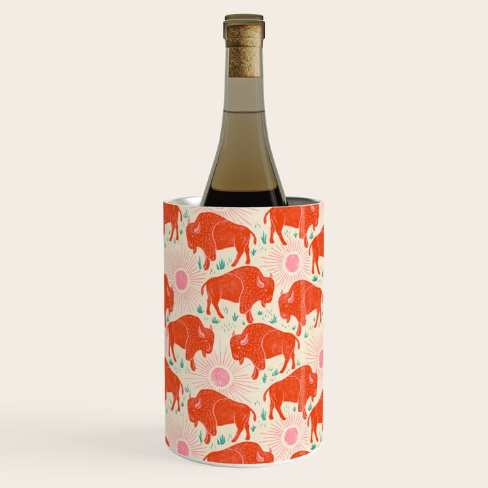 Bison - tomato red, pink, and teal, on cream Wine Chiller Gallery Image 2