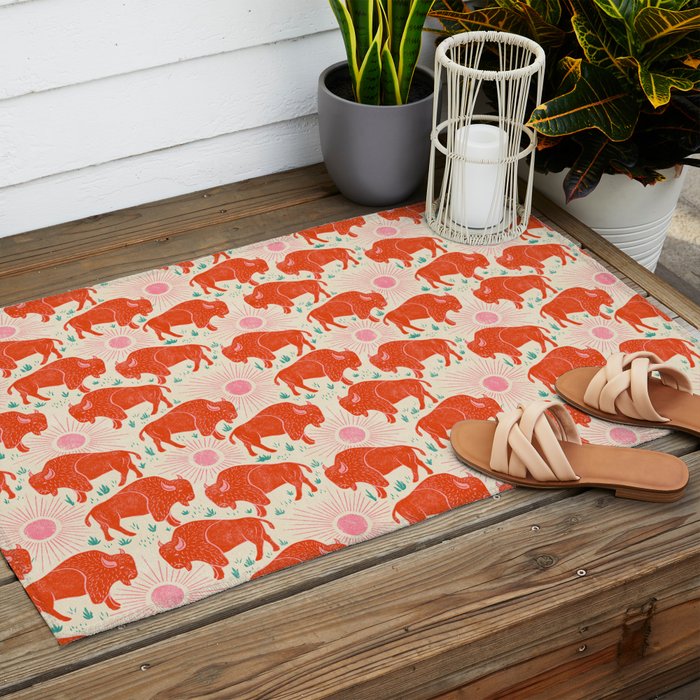 Bison - tomato red, pink, and teal, on cream Outdoor Rug Gallery Image 2