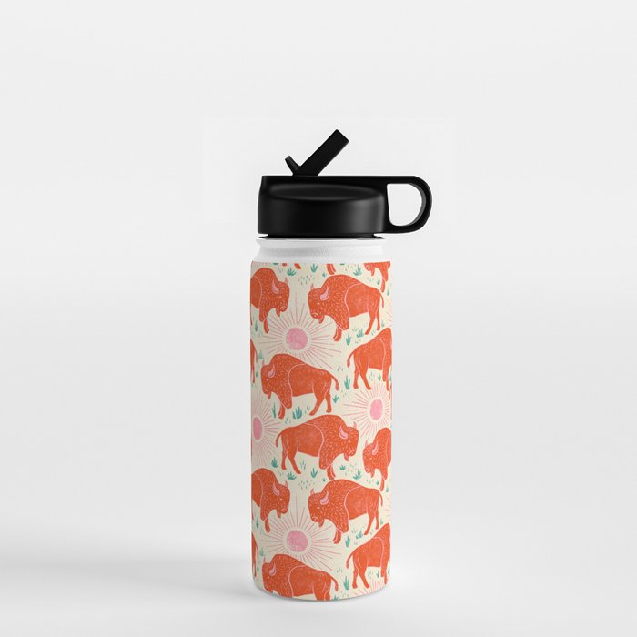 Bison - tomato red, pink, and teal, on cream Water Bottle Gallery Image 1