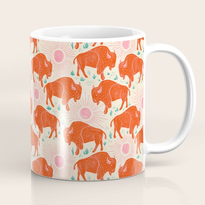 Bison - tomato red, pink, and teal, on cream Coffee Mug Gallery Image 1