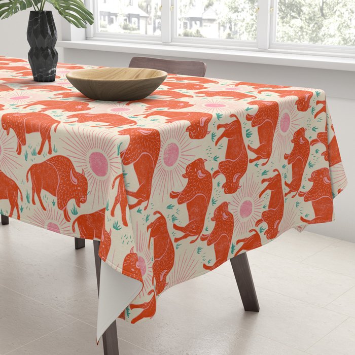 Bison - tomato red, pink, and teal, on cream Tablecloth Gallery Image 3