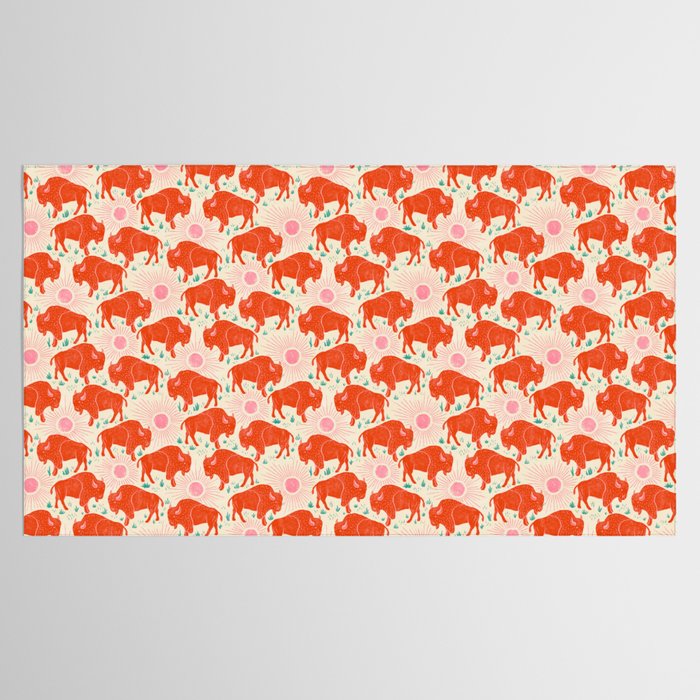Bison - tomato red, pink, and teal, on cream Tablecloth Gallery Image 2