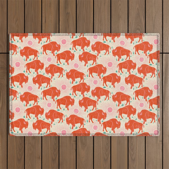 Bison - tomato red, pink, and teal, on cream Outdoor Rug Gallery Image 1