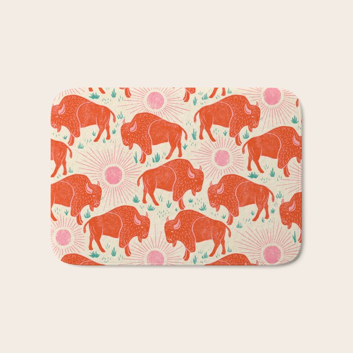 Bison - tomato red, pink, and teal, on cream Bath Mat Gallery Image 1