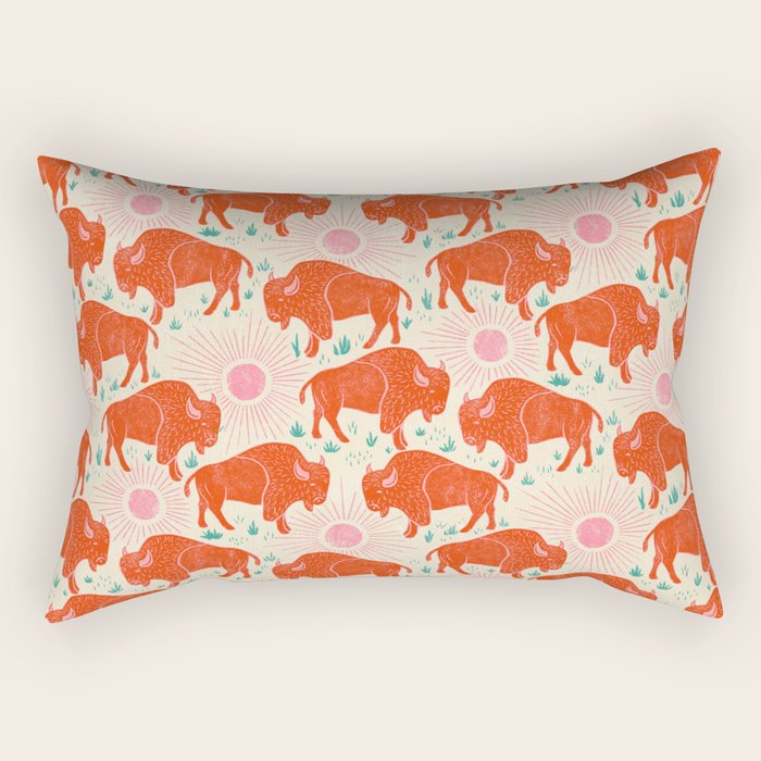 Bison - tomato red, pink, and teal, on cream Rectangular Pillow Gallery Image 1