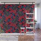 Ravens and red roses with blue leaves Wall Mural Gallery Image 1