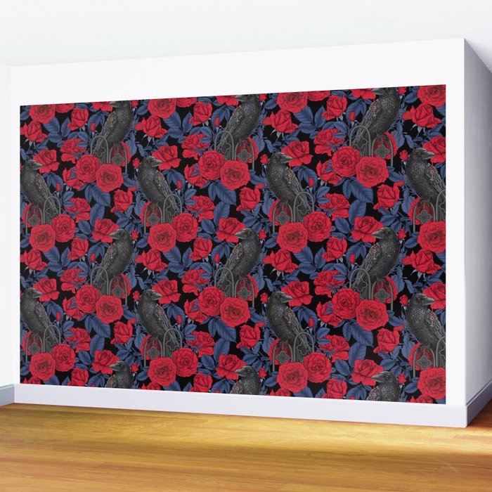 Ravens and red roses with blue leaves Wall Mural Gallery Image 2