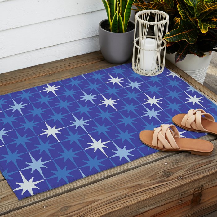 Blue Mid Century Modern Atomic Age Starburst Pattern Outdoor Rug Gallery Image 2