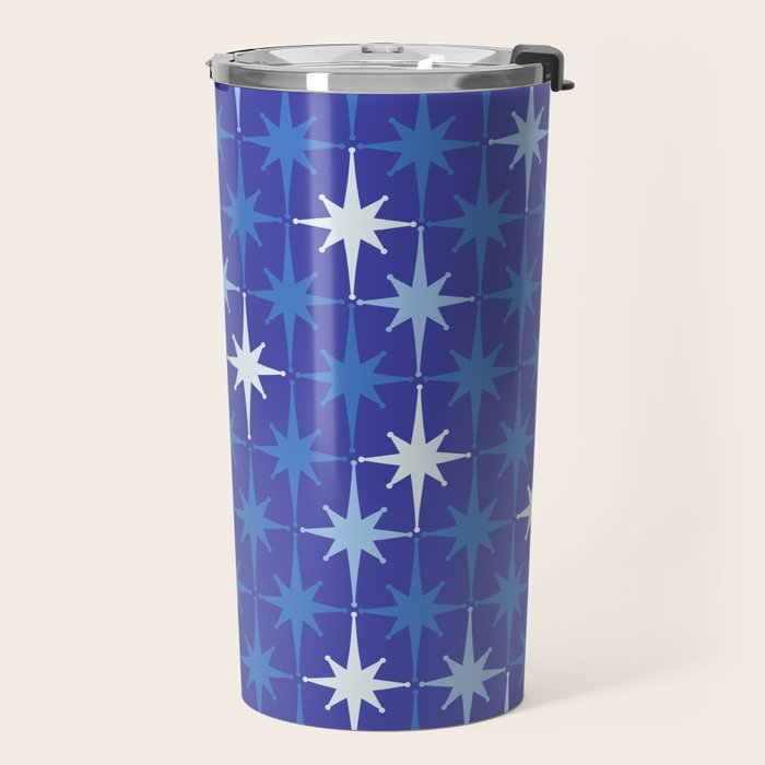 Blue Mid Century Modern Atomic Age Starburst Pattern Travel Mug Gallery Image 2