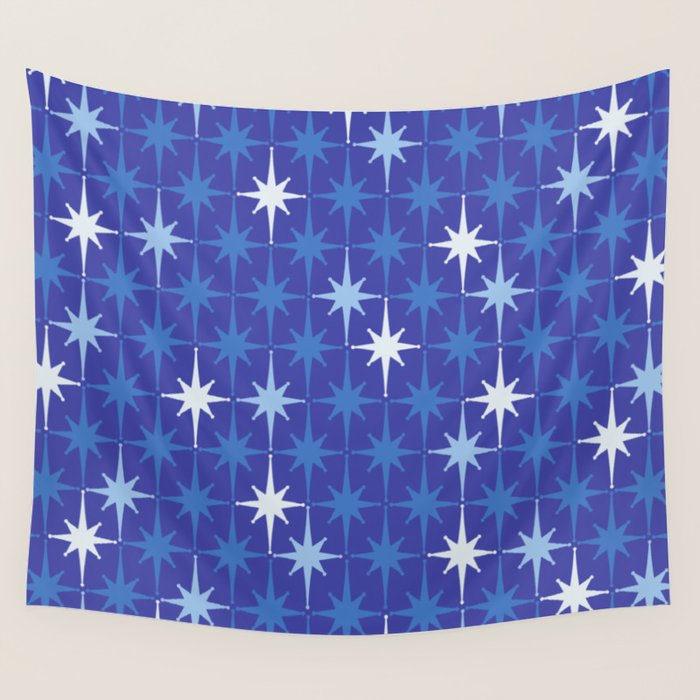 Blue Mid Century Modern Atomic Age Starburst Pattern Wall Tapestry Gallery Image 4