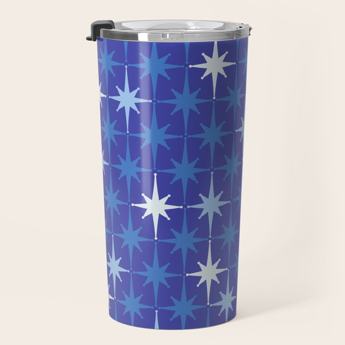 Blue Mid Century Modern Atomic Age Starburst Pattern Travel Mug Gallery Image 3