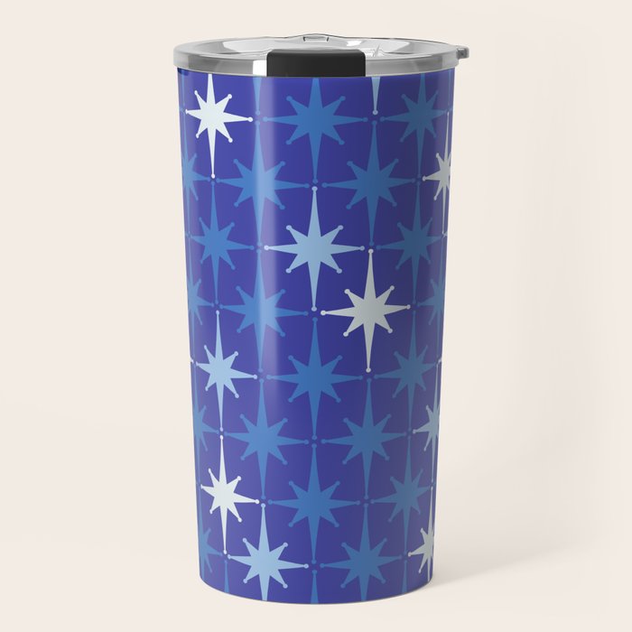 Blue Mid Century Modern Atomic Age Starburst Pattern Travel Mug Gallery Image 1