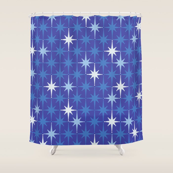 Blue Mid Century Modern Atomic Age Starburst Pattern Shower Curtain Gallery Image 1
