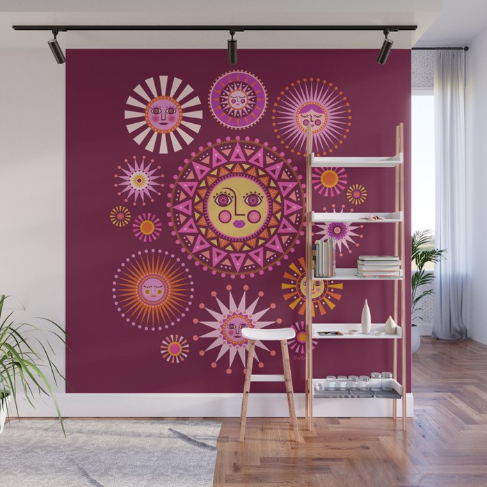 Retro Sun Faces - Pink and Magenta Wall Mural Gallery Image 1