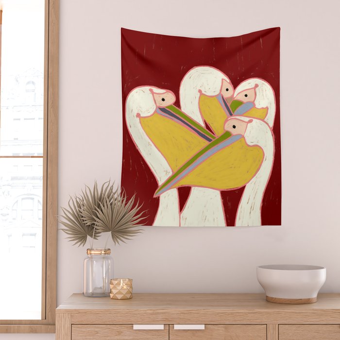 Pelicans of the Burgundy Sky Wall Tapestry Gallery Image 2