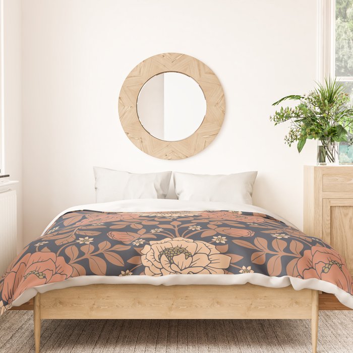 Peach, Dusty Rose, Mauve & Blue-Gray Floral Pattern Duvet Cover Gallery Image 3