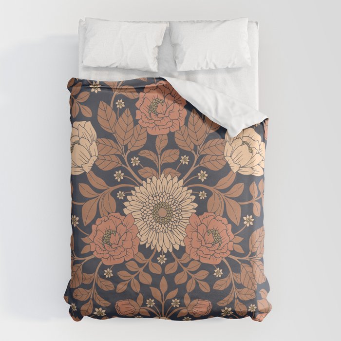 Peach, Dusty Rose, Mauve & Blue-Gray Floral Pattern Duvet Cover Gallery Image 6