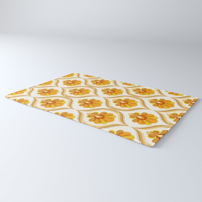 Ivory, Orange, Yellow and Brown Floral Retro Vintage Pattern Rug Gallery Image 3