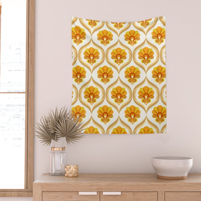 Ivory, Orange, Yellow and Brown Floral Retro Vintage Pattern Wall Tapestry Gallery Image 2