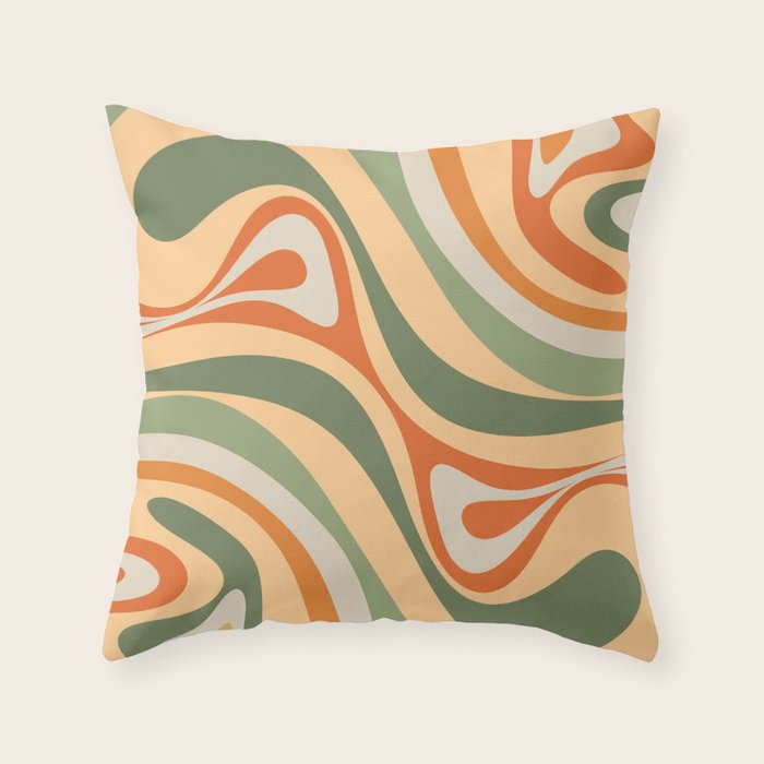 Groovy Retro Abstract New Groove Swirl Pattern in Mossy Sage Olive Green Apricot Orange Throw Pillow Gallery Image 6