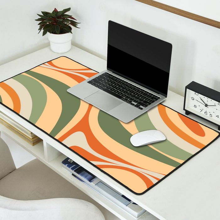 Groovy Retro Abstract New Groove Swirl Pattern in Mossy Sage Olive Green Apricot Orange Desk Mat Gallery Image 2